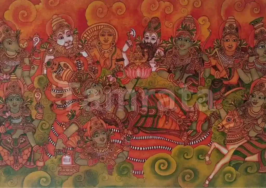 Buy Ananthashayanam With Dashavatharam Mural Painting | Kerala Canvas Painting | 3 × 5 sqft | Ananthashayanam Mural Painting | Dashavatharam Mural Painting | Temple Art | Acrylic on Canvas | Tamrata